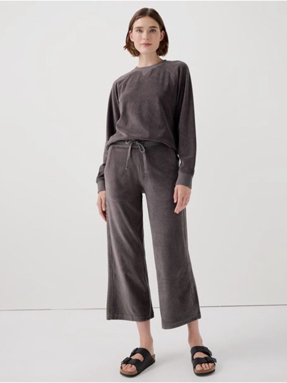 Pact women’s cotton velour wide leg crop pants graphite tan pull on drawstring